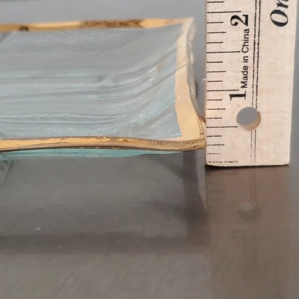 Vintage Mid Century Bamboo Gold Trimmed Art Glass Trinket Dish Plate - Signed